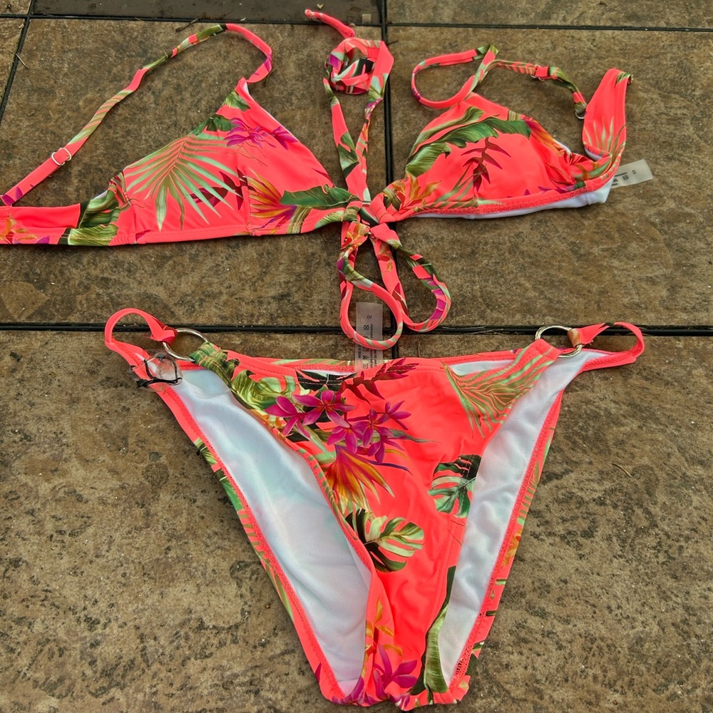 Pink and Green String Bikini with Adjustable Ties